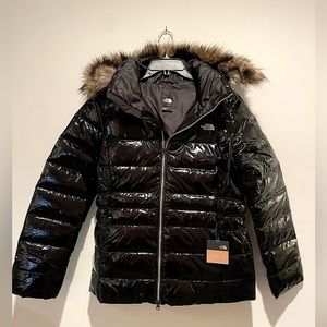 North Face Women’s Size XL Black Matte Shine Gotham Puffer Jacket Fur Hood Down